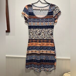 Mudd Blue and Orange Patterned Midi Dress